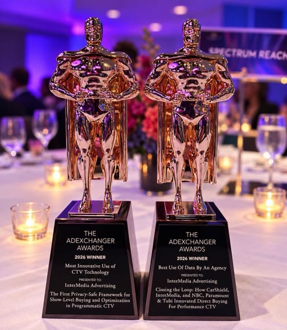 The two 2026 AdExchanger Awards trophies presented to InterMedia Advertising